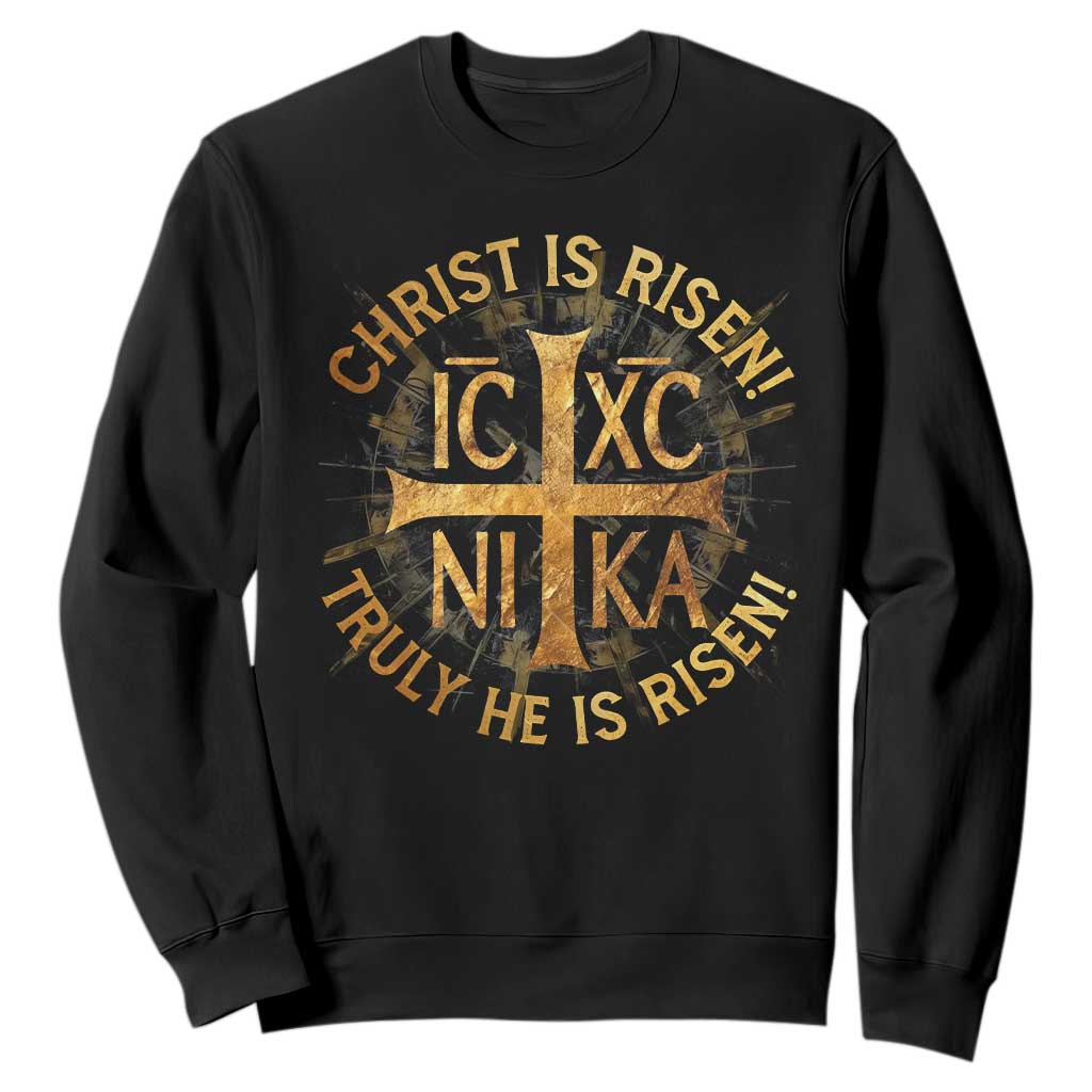 Orthodox Easter Christian Sweatshirt Christ Is Risen He Is Risen Greek NIKA Cross TS11 Black Print Your Wear