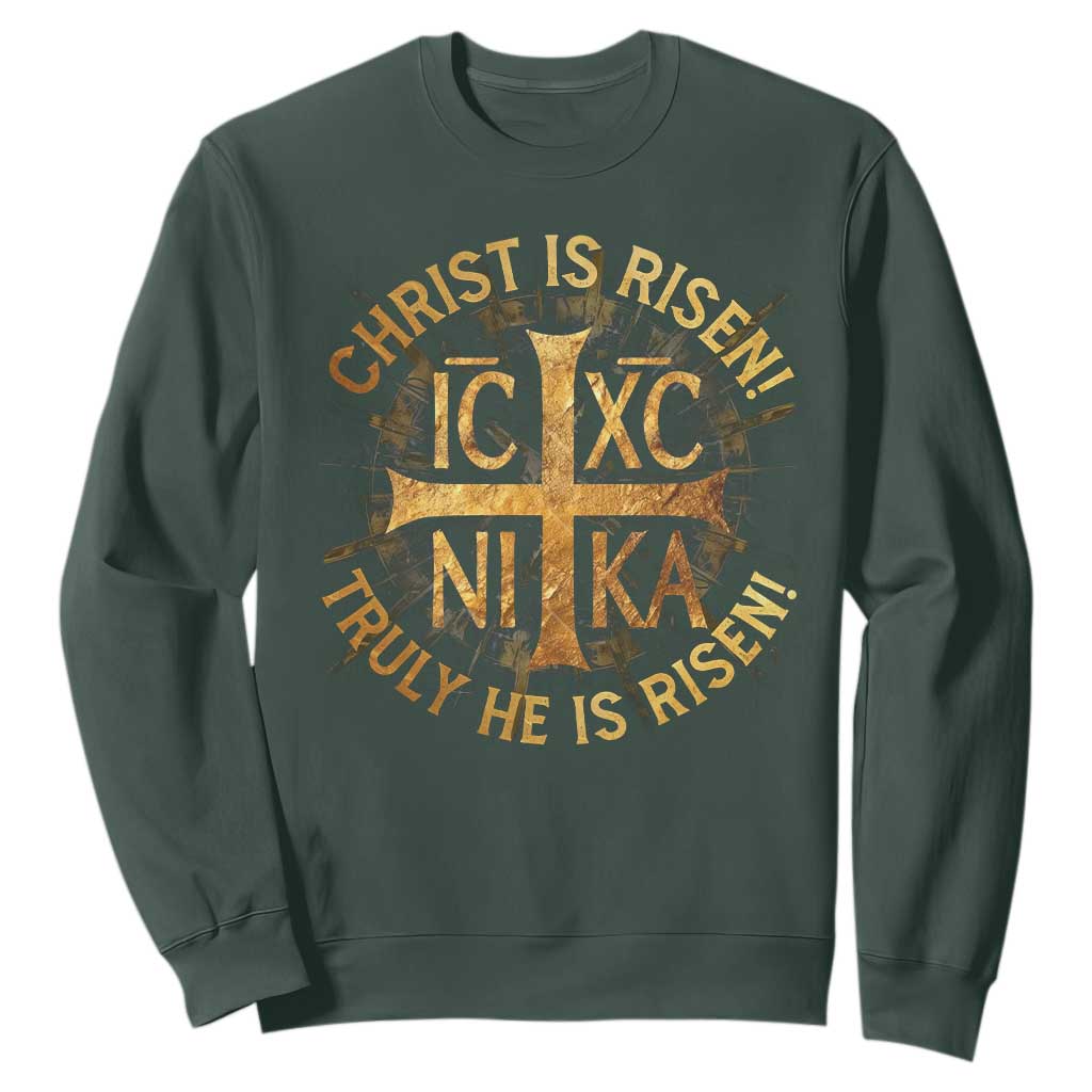 Orthodox Easter Christian Sweatshirt Christ Is Risen He Is Risen Greek NIKA Cross TS11 Dark Forest Green Print Your Wear