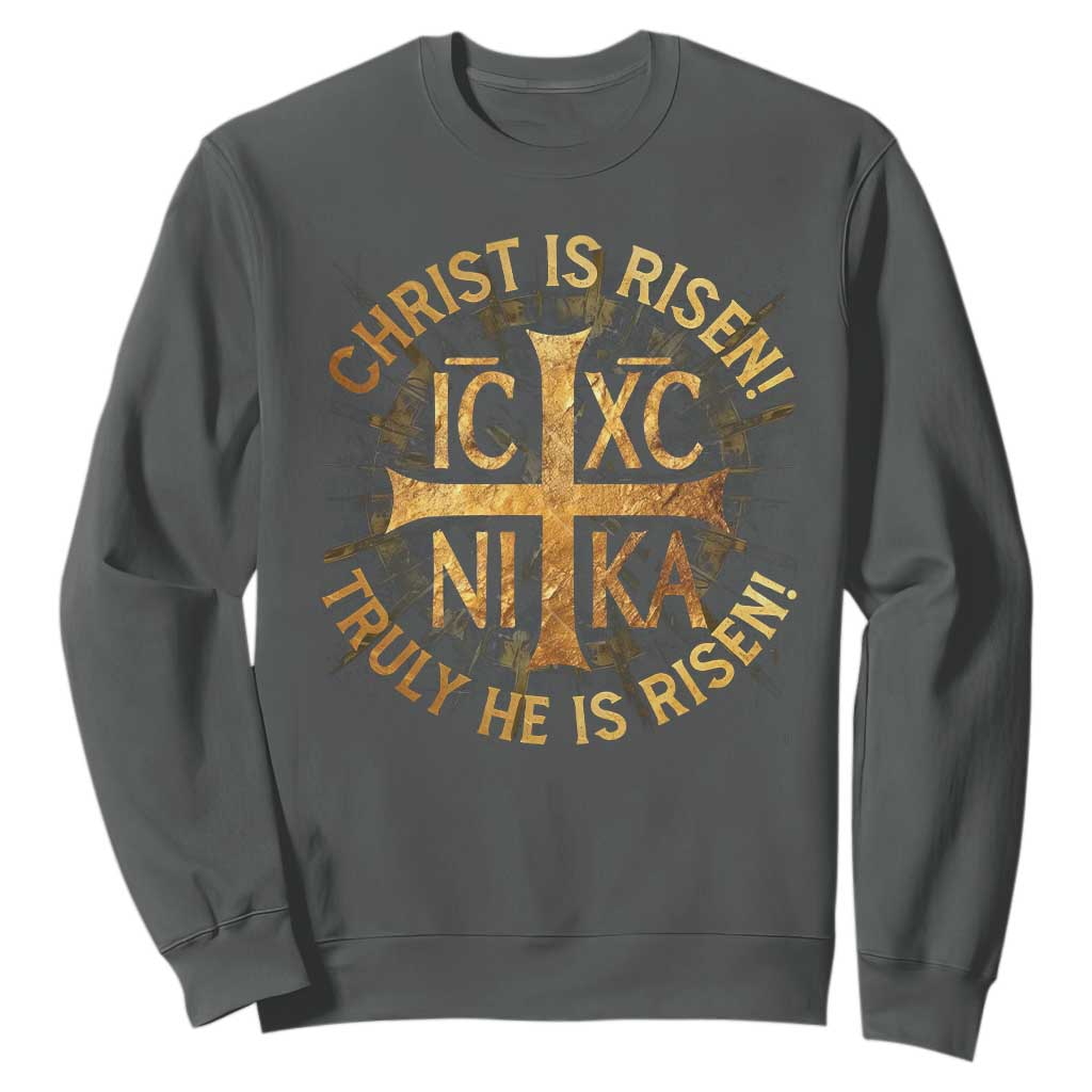 Orthodox Easter Christian Sweatshirt Christ Is Risen He Is Risen Greek NIKA Cross TS11 Dark Heather Print Your Wear