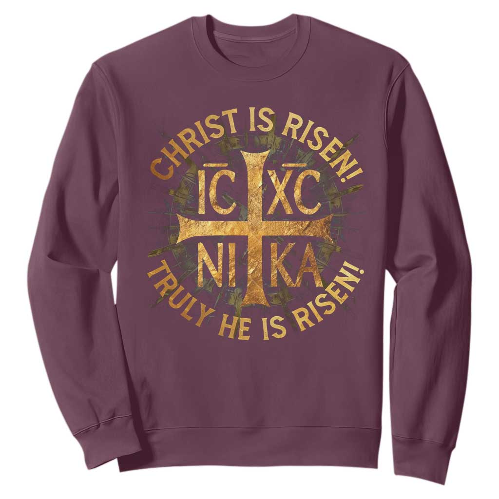Orthodox Easter Christian Sweatshirt Christ Is Risen He Is Risen Greek NIKA Cross TS11 Maroon Print Your Wear