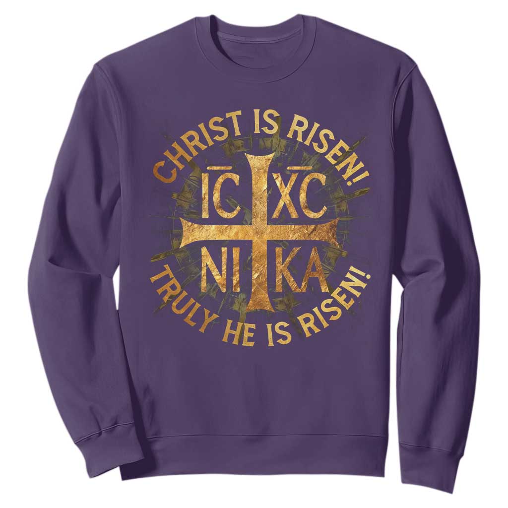 Orthodox Easter Christian Sweatshirt Christ Is Risen He Is Risen Greek NIKA Cross TS11 Purple Print Your Wear