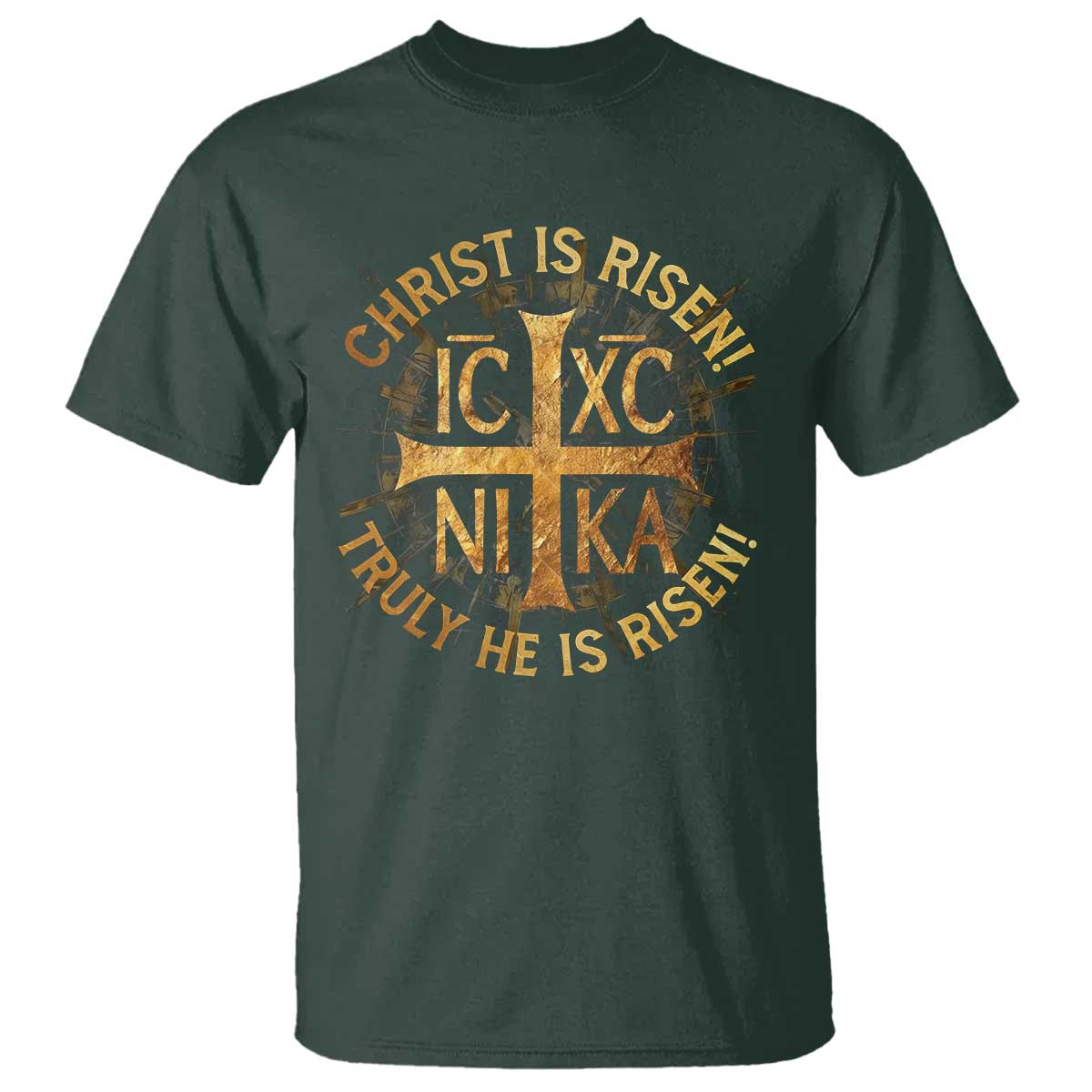 Orthodox Easter Christian T Shirt Christ Is Risen He Is Risen Greek NIKA Cross TS11 Dark Forest Green Print Your Wear