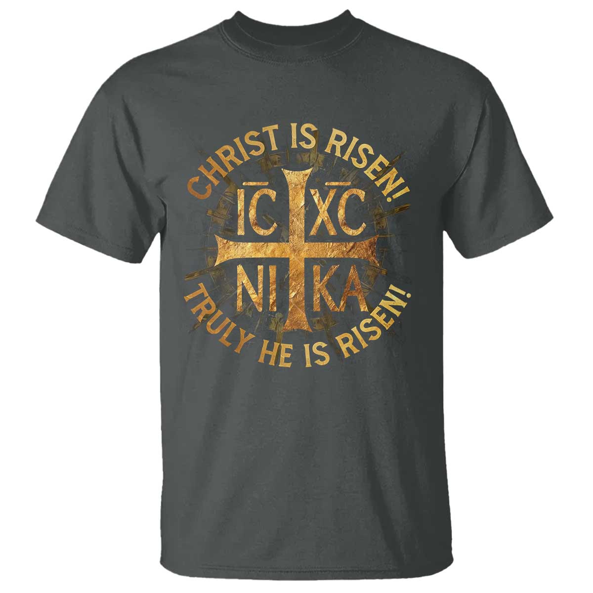 Orthodox Easter Christian T Shirt Christ Is Risen He Is Risen Greek NIKA Cross TS11 Dark Heather Print Your Wear