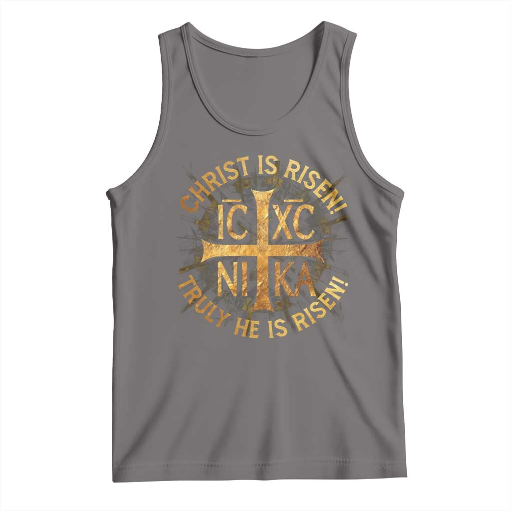 Orthodox Easter Christian Tank Top Christ Is Risen He Is Risen Greek NIKA Cross TS11 Deep Heather Print Your Wear