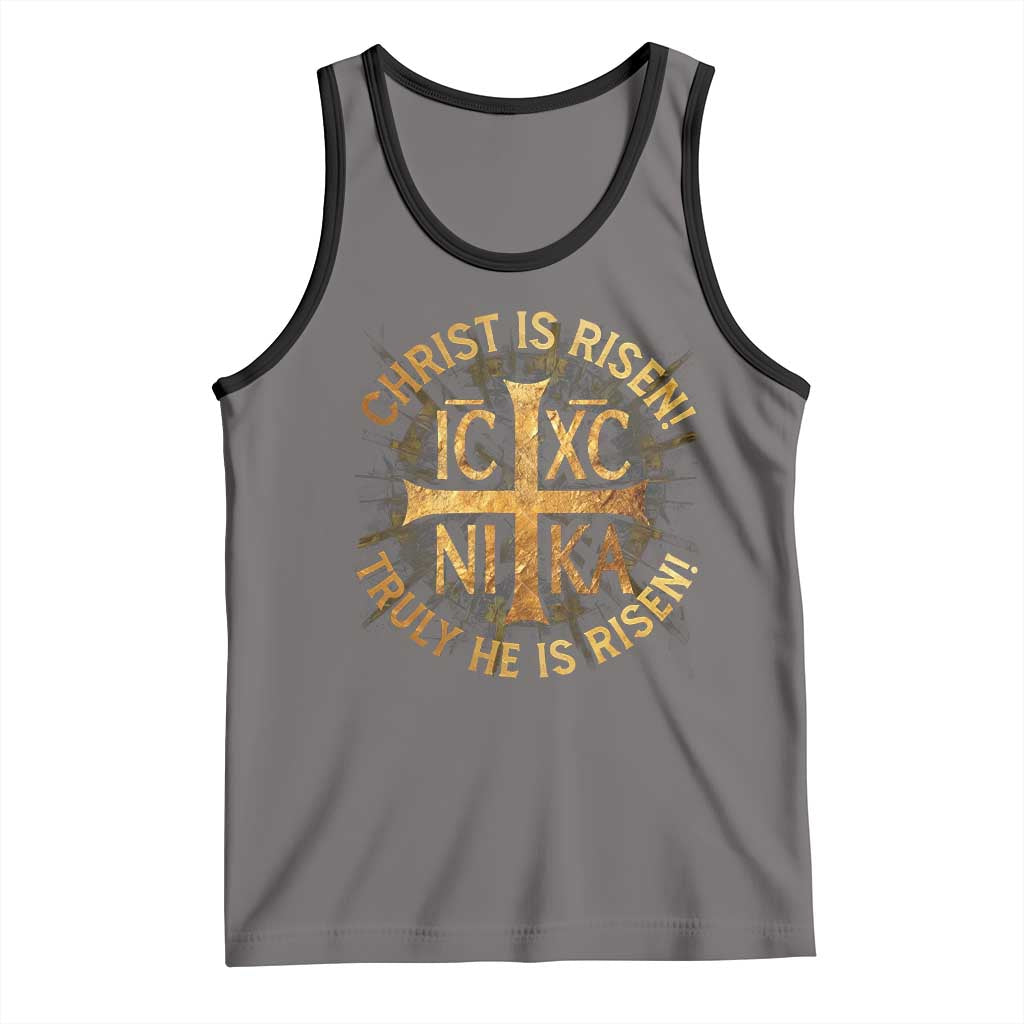 Orthodox Easter Christian Tank Top Christ Is Risen He Is Risen Greek NIKA Cross TS11 Deep Heather Black Print Your Wear