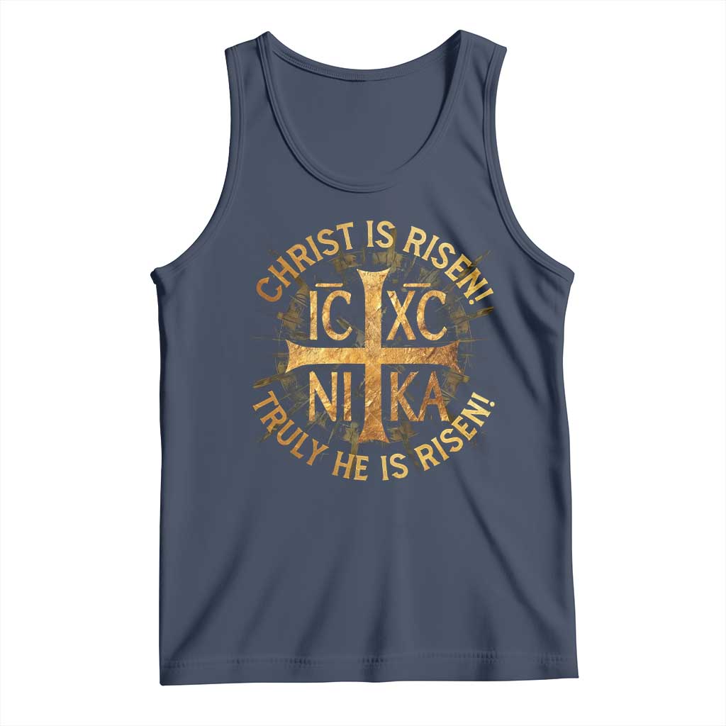 Orthodox Easter Christian Tank Top Christ Is Risen He Is Risen Greek NIKA Cross TS11 Navy Print Your Wear