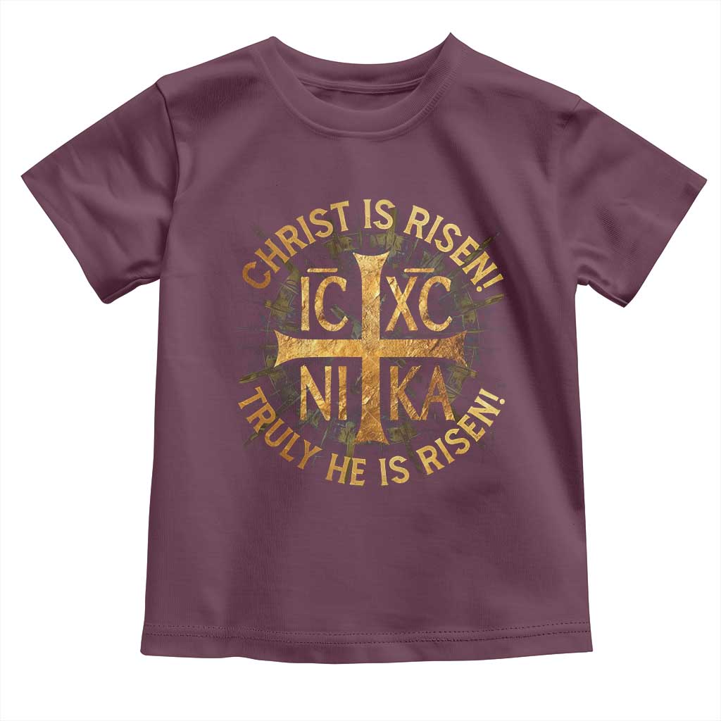 Orthodox Easter Christian Toddler T Shirt Christ Is Risen He Is Risen Greek NIKA Cross TS11 Maroon Print Your Wear