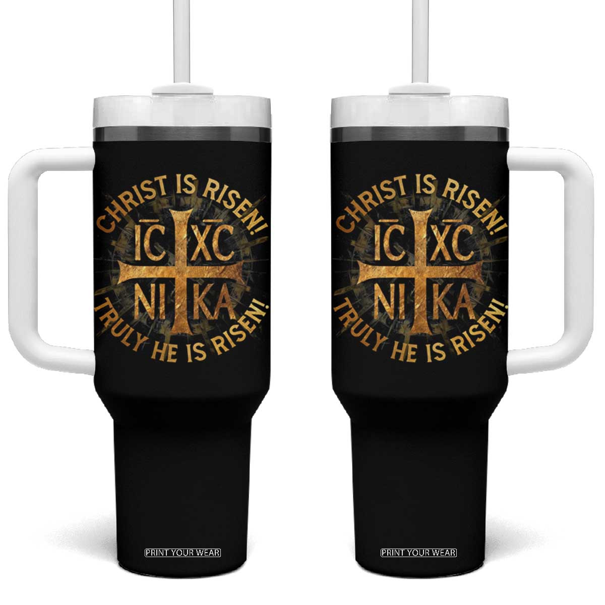 Orthodox Easter Christian Tumbler With Handle Christ Is Risen He Is Risen Greek NIKA Cross TS11 One Size: 40 oz Black Print Your Wear