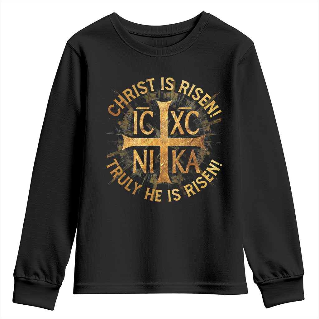 Orthodox Easter Christian Youth Sweatshirt Christ Is Risen He Is Risen Greek NIKA Cross TS11 Black Print Your Wear
