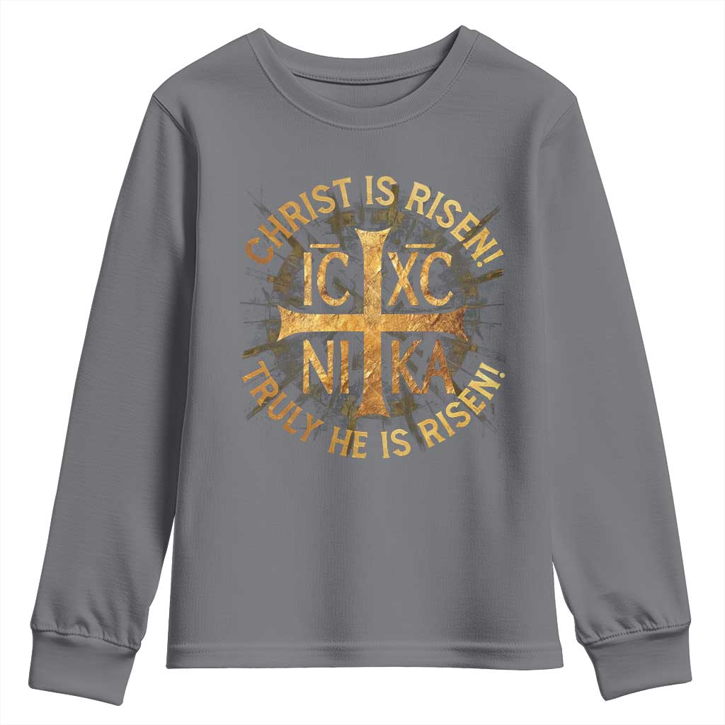 Orthodox Easter Christian Youth Sweatshirt Christ Is Risen He Is Risen Greek NIKA Cross TS11 Charcoal Print Your Wear