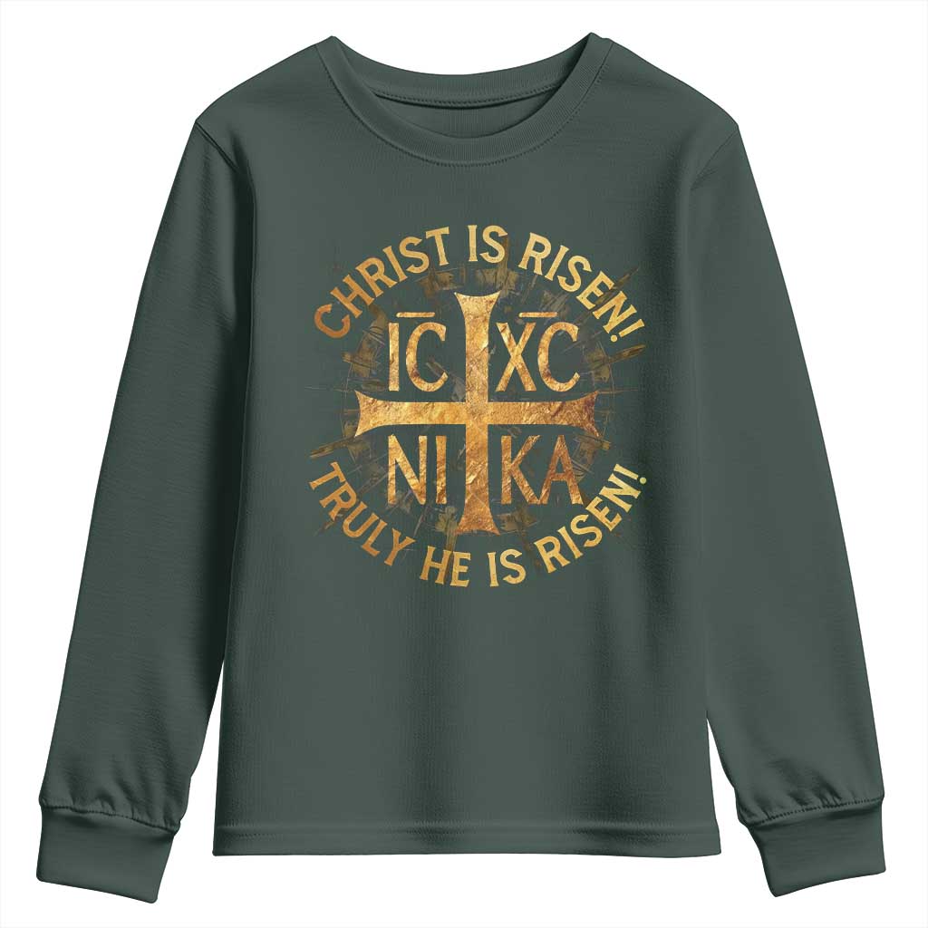 Orthodox Easter Christian Youth Sweatshirt Christ Is Risen He Is Risen Greek NIKA Cross TS11 Dark Forest Green Print Your Wear