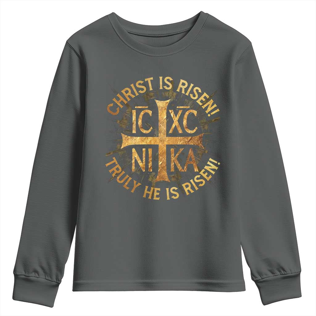 Orthodox Easter Christian Youth Sweatshirt Christ Is Risen He Is Risen Greek NIKA Cross TS11 Dark Heather Print Your Wear