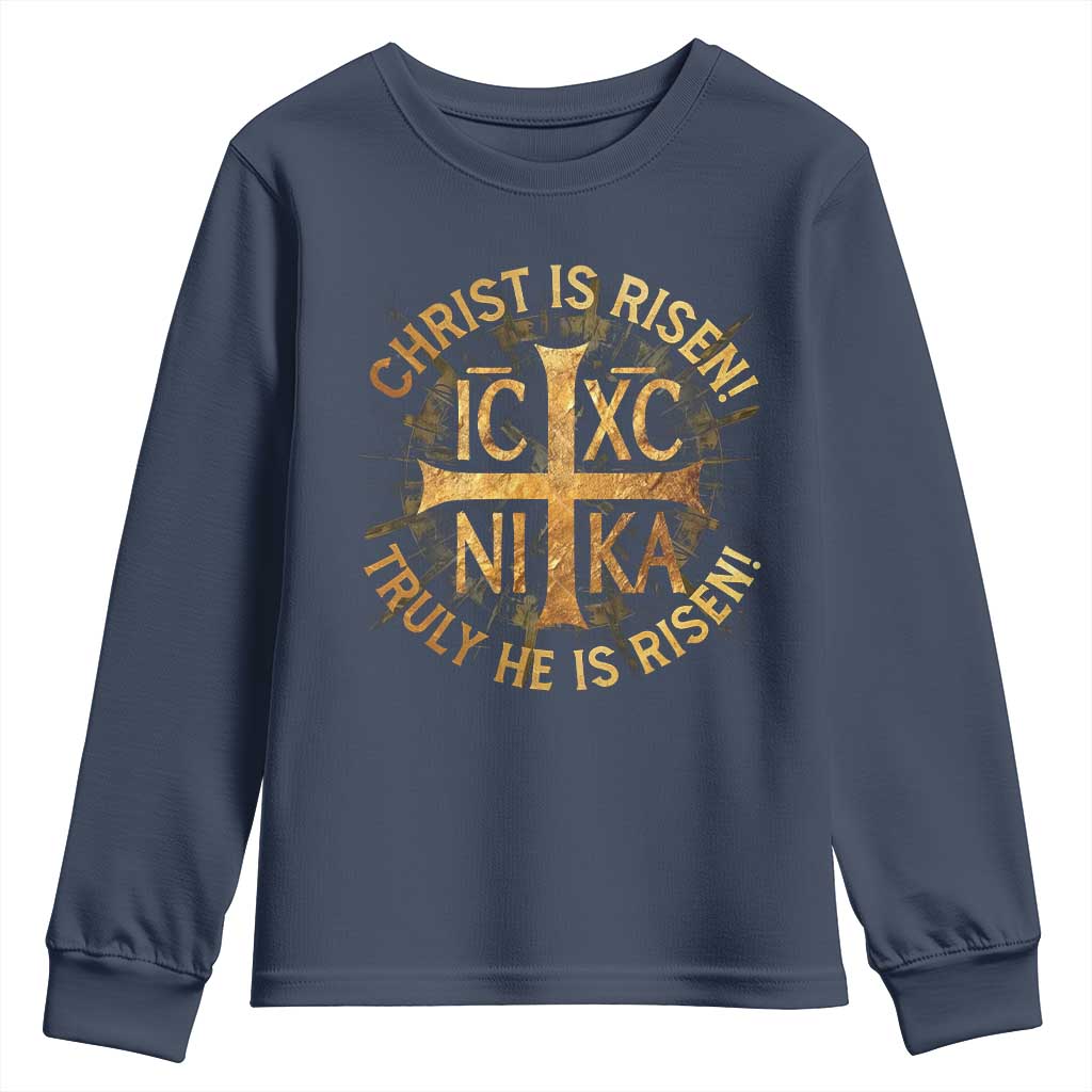 Orthodox Easter Christian Youth Sweatshirt Christ Is Risen He Is Risen Greek NIKA Cross TS11 Navy Print Your Wear