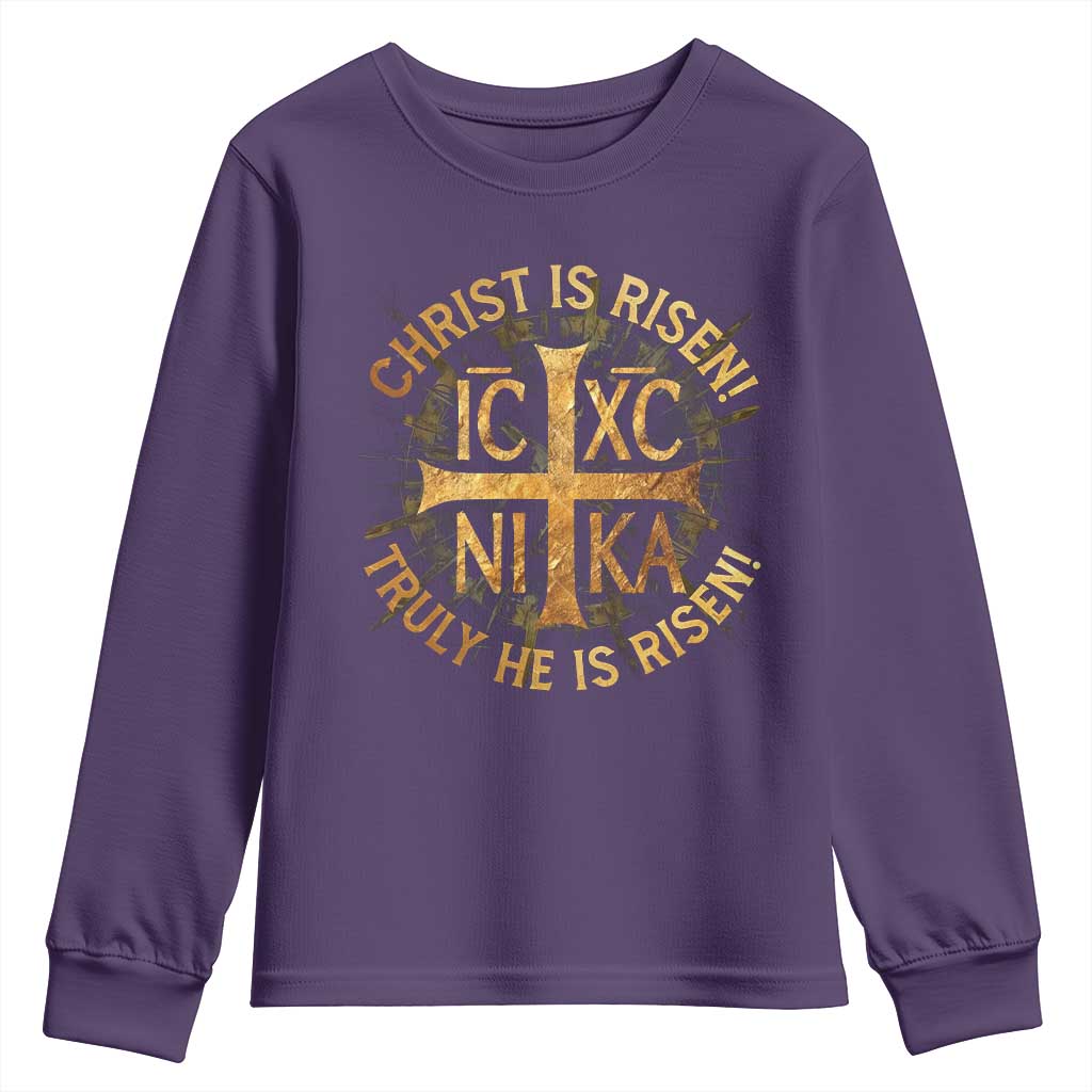 Orthodox Easter Christian Youth Sweatshirt Christ Is Risen He Is Risen Greek NIKA Cross TS11 Purple Print Your Wear
