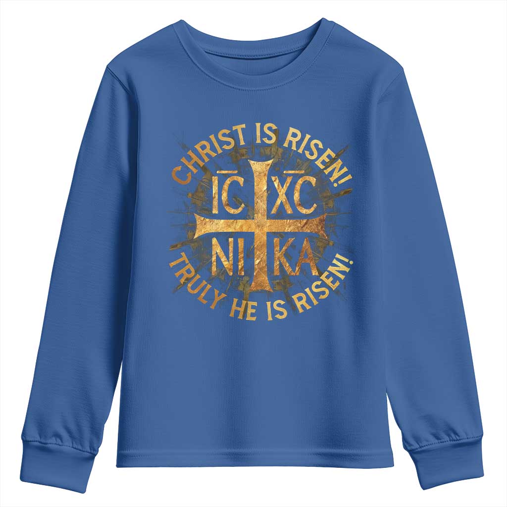 Orthodox Easter Christian Youth Sweatshirt Christ Is Risen He Is Risen Greek NIKA Cross TS11 Royal Blue Print Your Wear