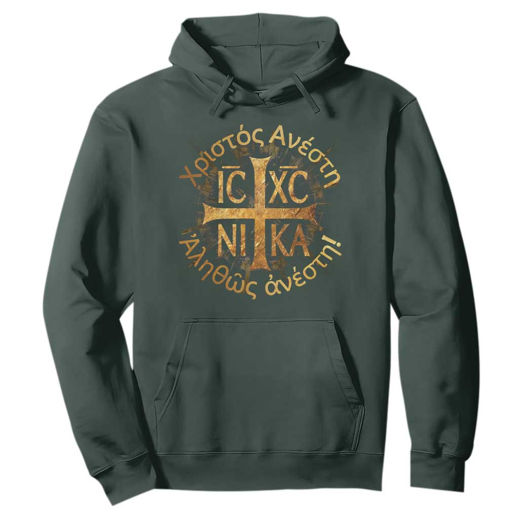 Orthodox Easter Christian Hoodie Christ Is Risen Truly He Is Risen NIKA Cross TS11 Dark Forest Green Print Your Wear