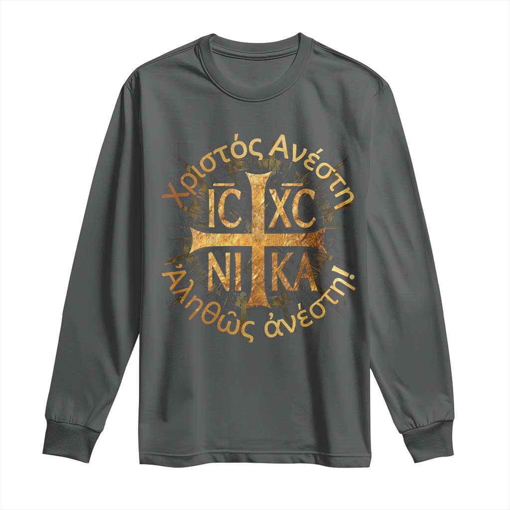 Orthodox Easter Christian Long Sleeve Shirt Christ Is Risen Truly He Is Risen NIKA Cross TS11 Dark Heather Print Your Wear