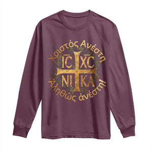 Orthodox Easter Christian Long Sleeve Shirt Christ Is Risen Truly He Is Risen NIKA Cross TS11 Maroon Print Your Wear