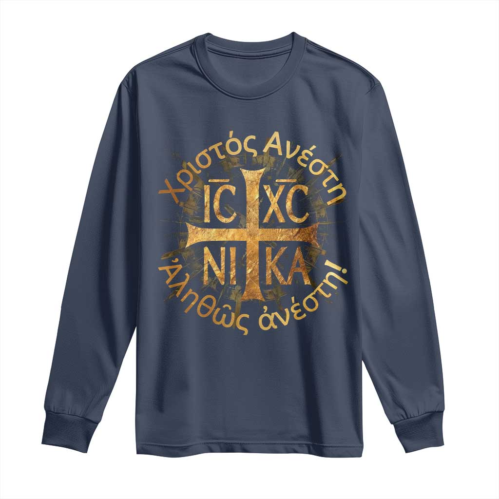 Orthodox Easter Christian Long Sleeve Shirt Christ Is Risen Truly He Is Risen NIKA Cross TS11 Navy Print Your Wear