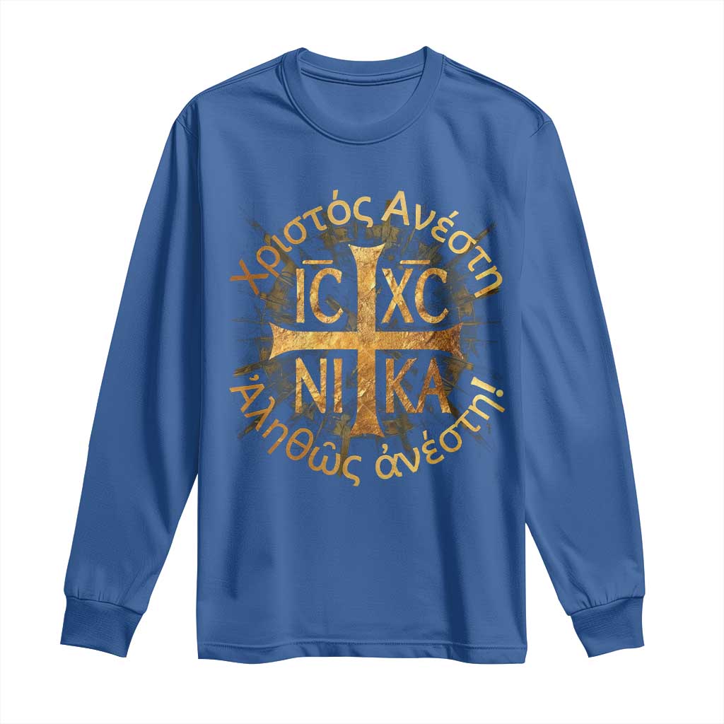 Orthodox Easter Christian Long Sleeve Shirt Christ Is Risen Truly He Is Risen NIKA Cross TS11 Royal Blue Print Your Wear