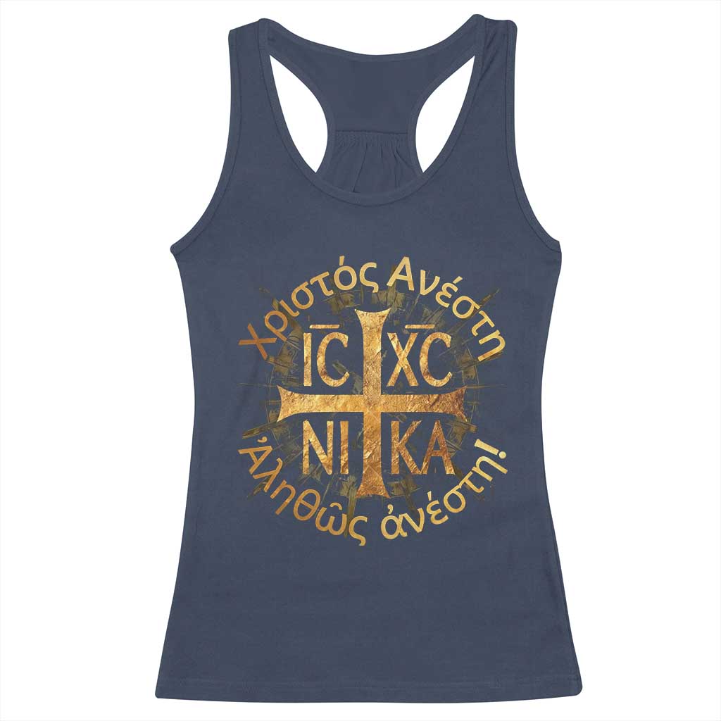 Orthodox Easter Christian Racerback Tank Top Christ Is Risen Truly He Is Risen NIKA Cross TS11 Navy Print Your Wear