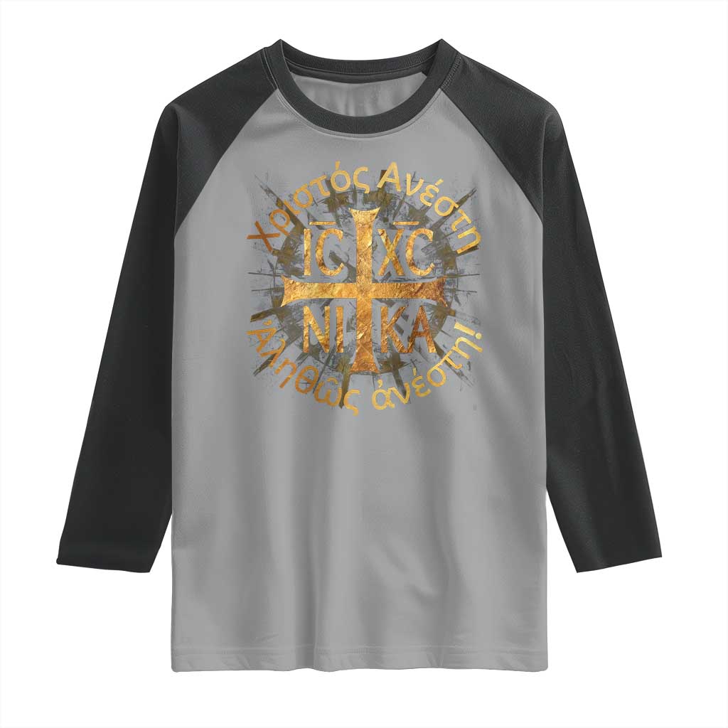 Orthodox Easter Christian Raglan Shirt Christ Is Risen Truly He Is Risen NIKA Cross TS11 Sport Gray Black Print Your Wear