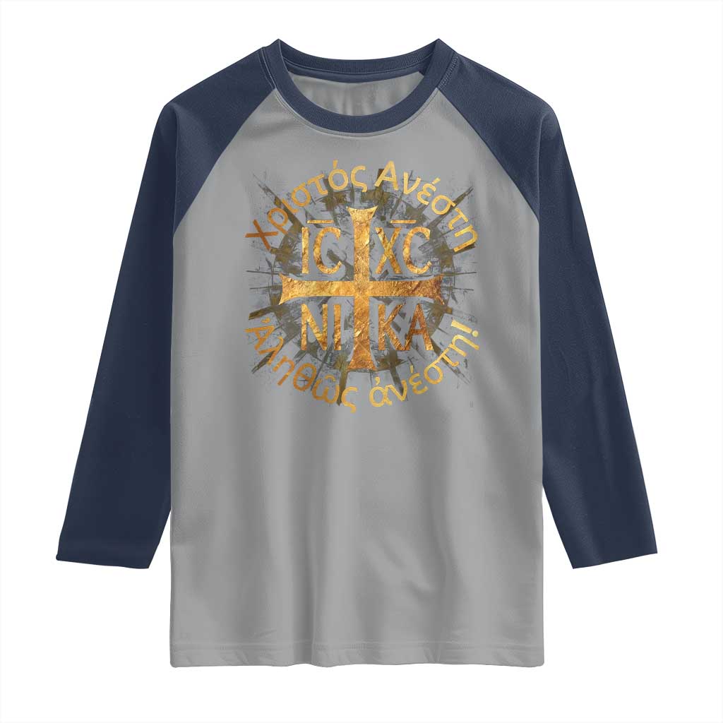 Orthodox Easter Christian Raglan Shirt Christ Is Risen Truly He Is Risen NIKA Cross TS11 Sport Gray Navy Print Your Wear