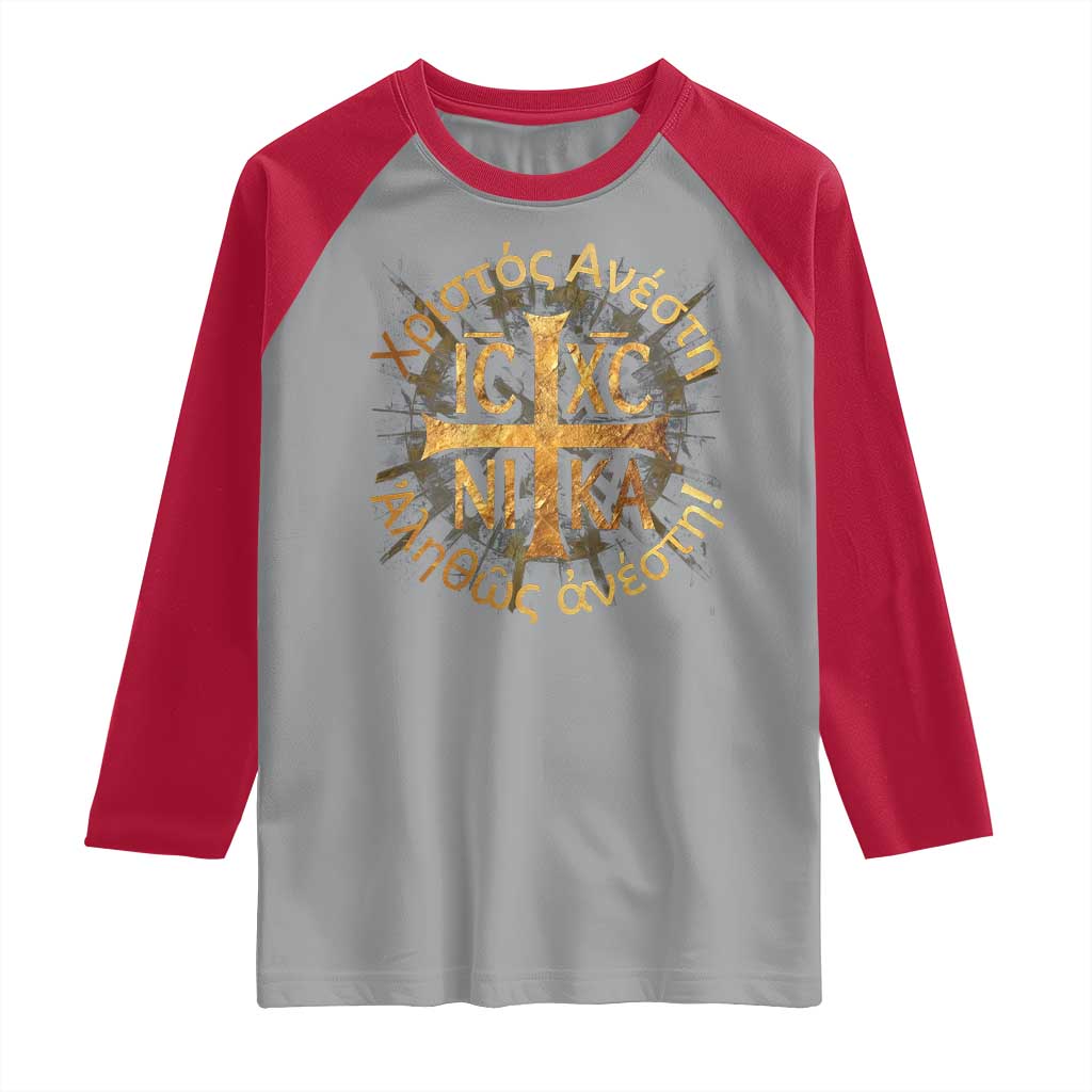 Orthodox Easter Christian Raglan Shirt Christ Is Risen Truly He Is Risen NIKA Cross TS11 Sport Gray Red Print Your Wear