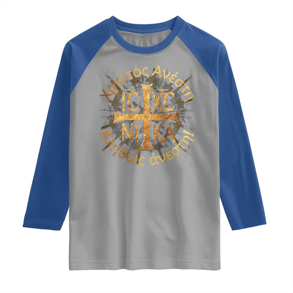 Orthodox Easter Christian Raglan Shirt Christ Is Risen Truly He Is Risen NIKA Cross TS11 Sport Gray Royal Print Your Wear
