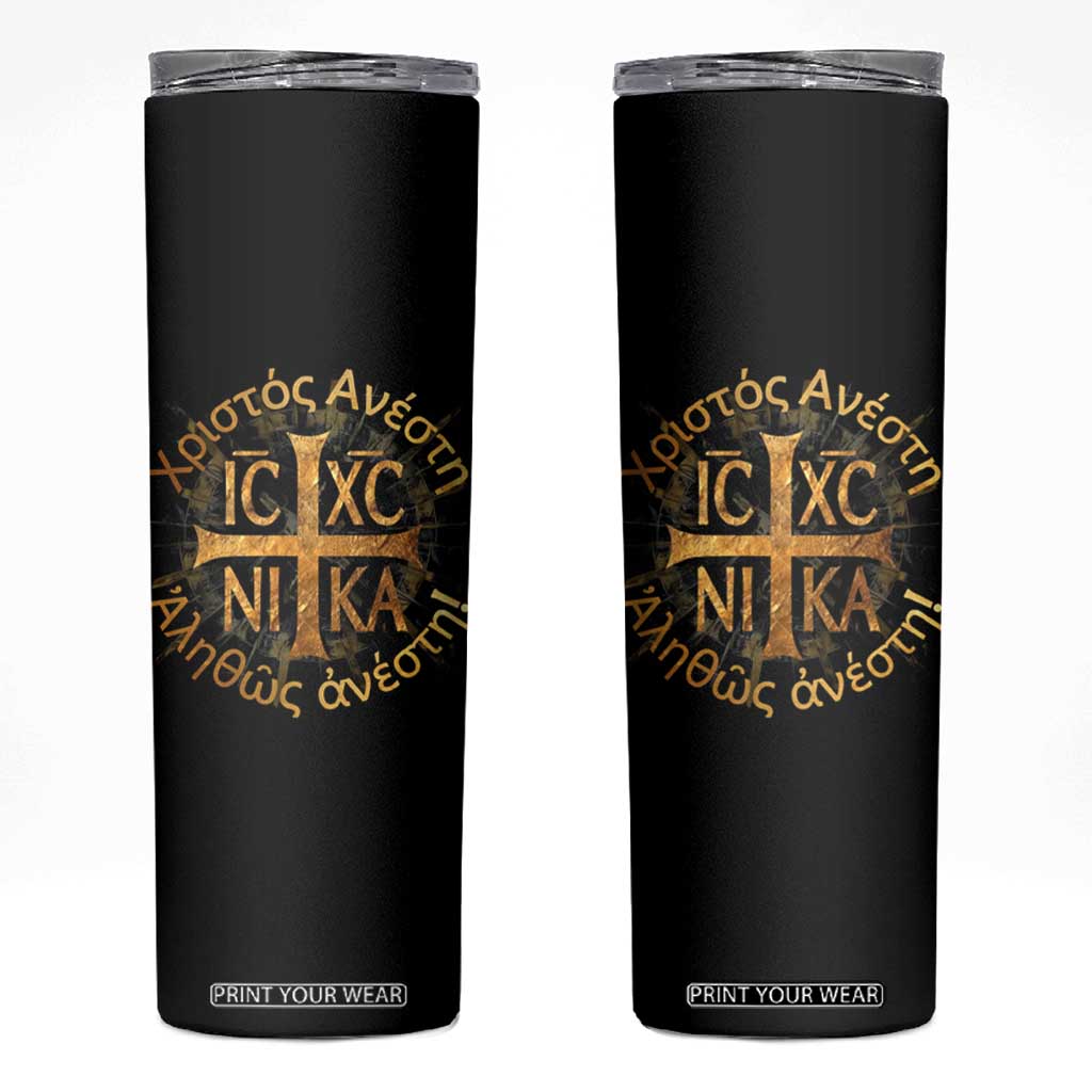 Orthodox Easter Christian Skinny Tumbler Christ Is Risen Truly He Is Risen NIKA Cross TS11 Black Print Your Wear