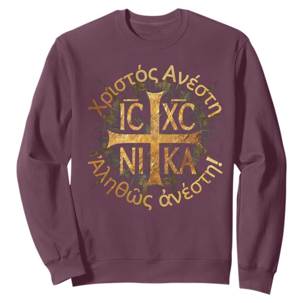 Orthodox Easter Christian Sweatshirt Christ Is Risen Truly He Is Risen NIKA Cross TS11 Maroon Print Your Wear