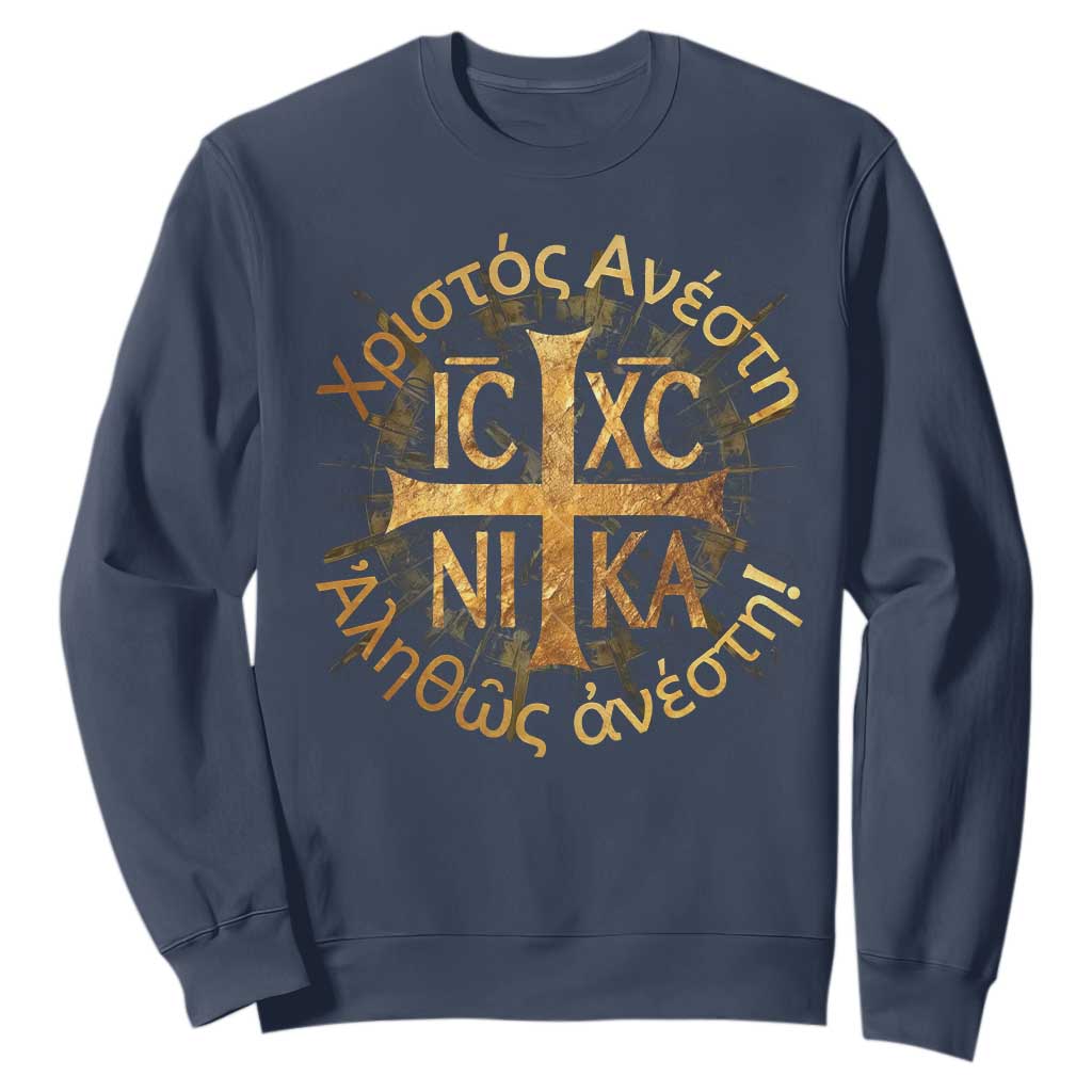 Orthodox Easter Christian Sweatshirt Christ Is Risen Truly He Is Risen NIKA Cross TS11 Navy Print Your Wear