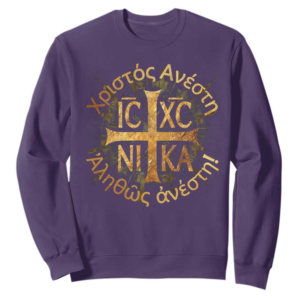 Orthodox Easter Christian Sweatshirt Christ Is Risen Truly He Is Risen NIKA Cross TS11 Purple Print Your Wear