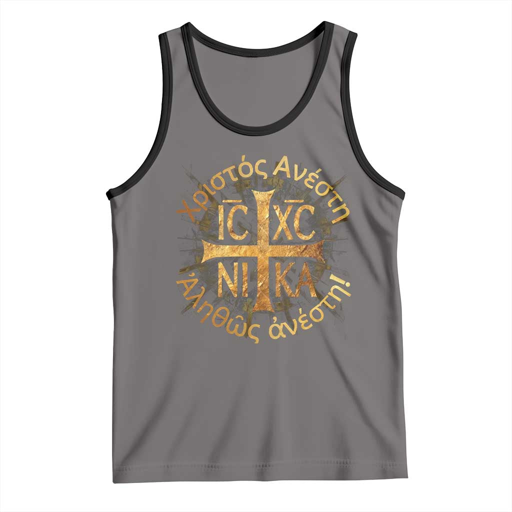 Orthodox Easter Christian Tank Top Christ Is Risen Truly He Is Risen NIKA Cross TS11 Deep Heather Black Print Your Wear