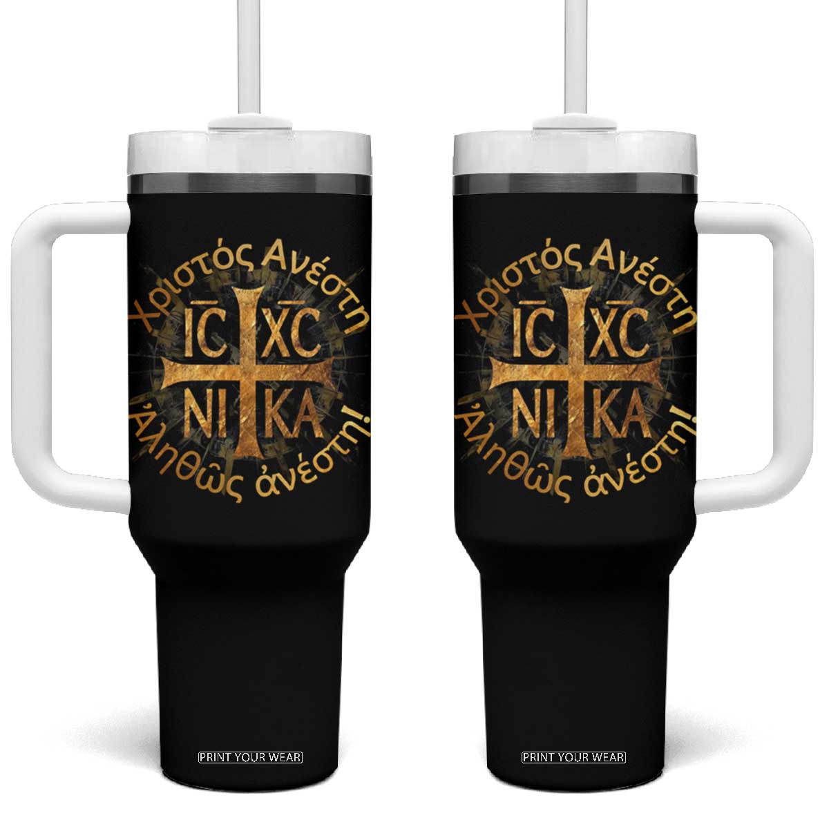 Orthodox Easter Christian Tumbler With Handle Christ Is Risen Truly He Is Risen NIKA Cross TS11 One Size: 40 oz Black Print Your Wear
