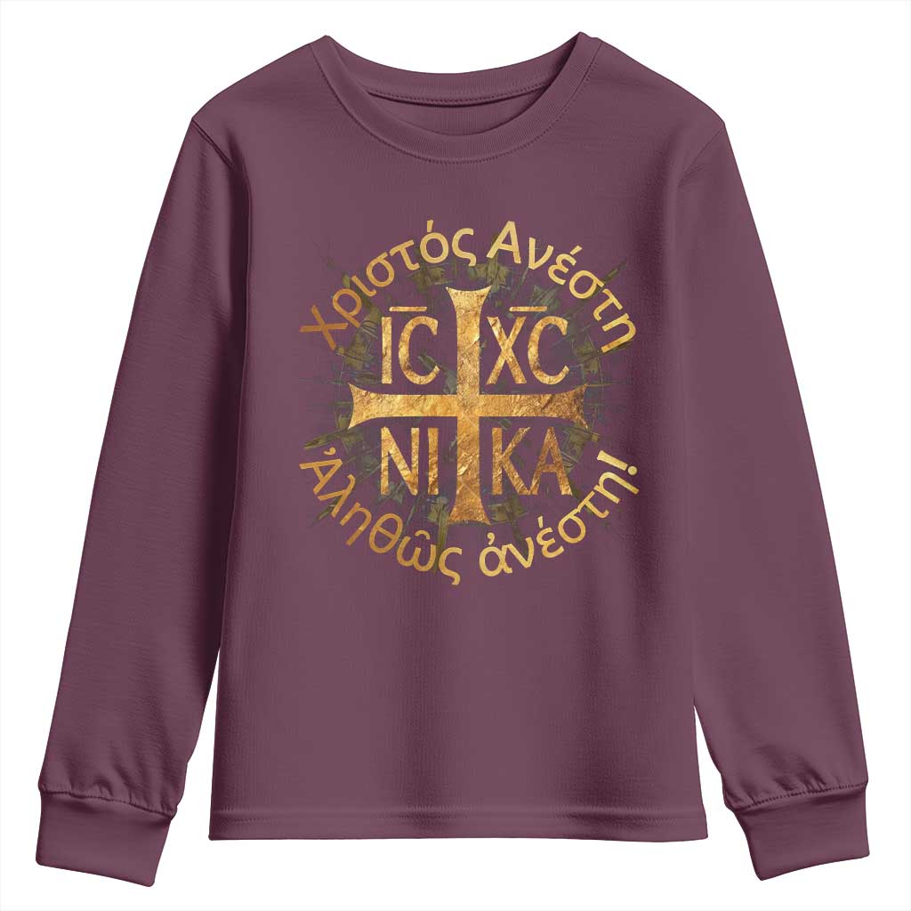 Orthodox Easter Christian Youth Sweatshirt Christ Is Risen Truly He Is Risen NIKA Cross TS11 Maroon Print Your Wear
