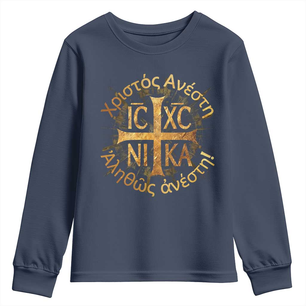 Orthodox Easter Christian Youth Sweatshirt Christ Is Risen Truly He Is Risen NIKA Cross TS11 Navy Print Your Wear