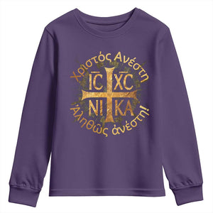 Orthodox Easter Christian Youth Sweatshirt Christ Is Risen Truly He Is Risen NIKA Cross TS11 Purple Print Your Wear