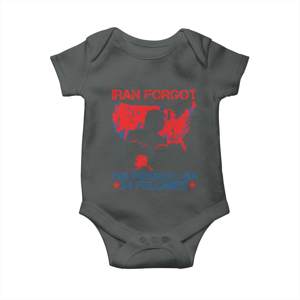 Iran Forgot Our President Has 34 Felonies Baby Onesie Vintage USA Red Wave Map TS11 Dark Heather Print Your Wear