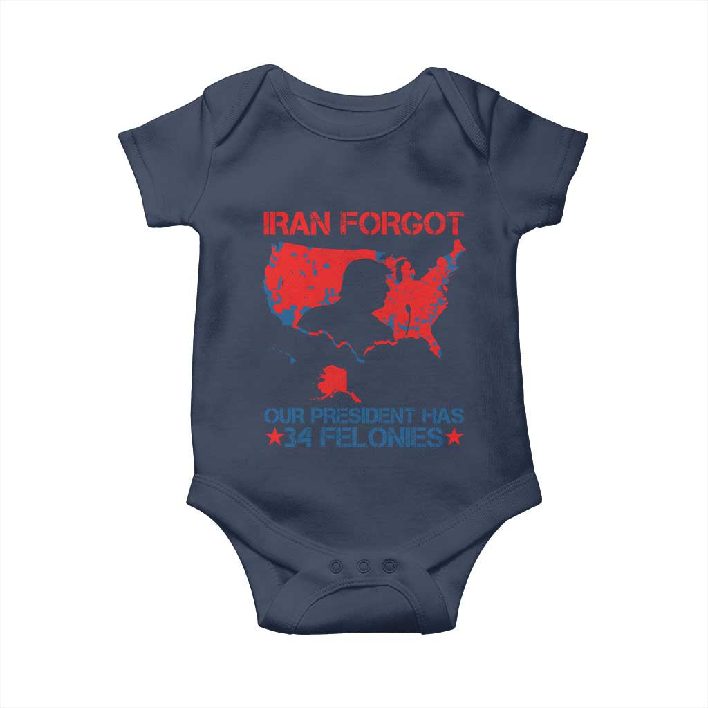 Iran Forgot Our President Has 34 Felonies Baby Onesie Vintage USA Red Wave Map TS11 Navy Print Your Wear