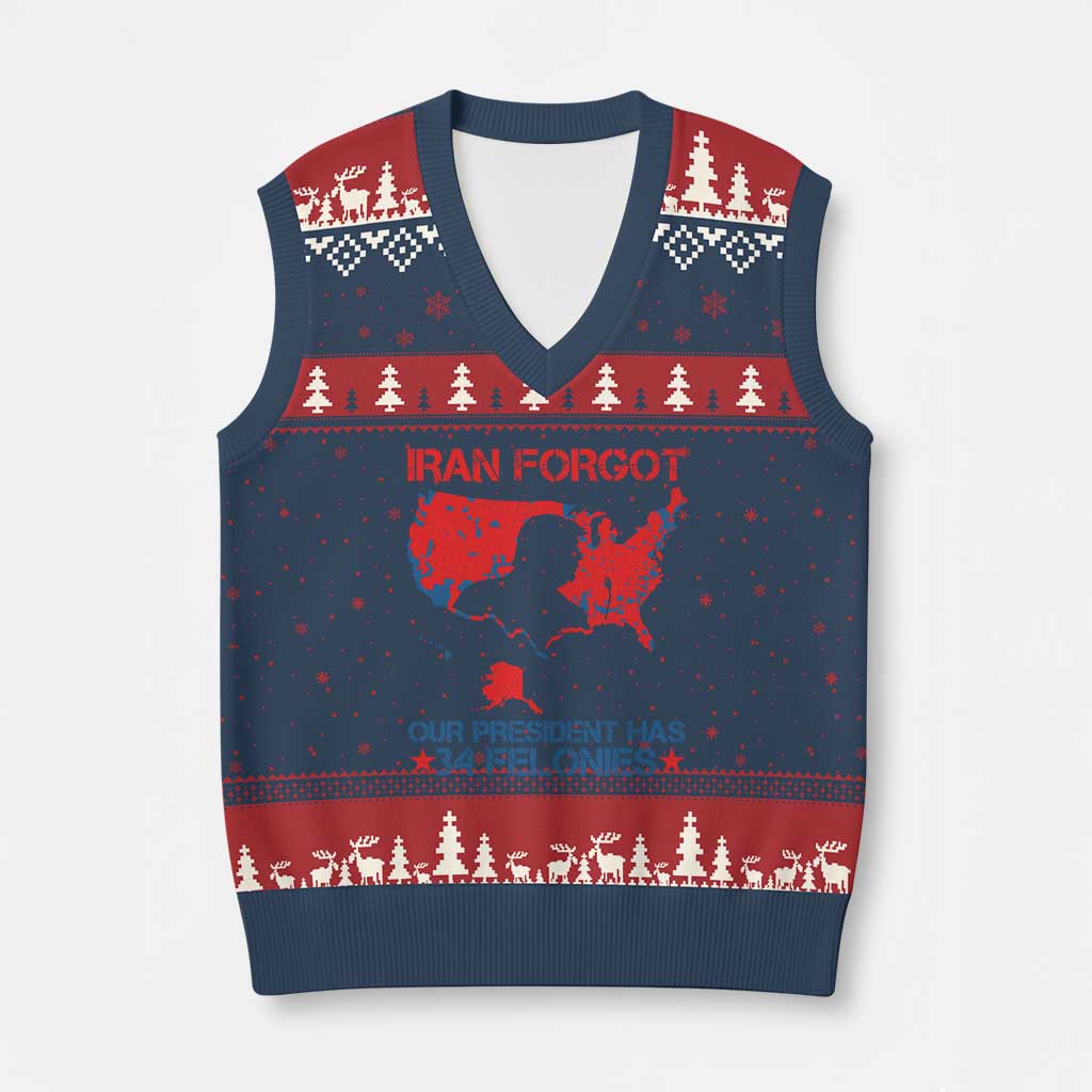 Iran Forgot Our President Has 34 Felonies V-Neck Knit Sweater Vest Vintage USA Red Wave Map TS11 Navy Red Print Your Wear