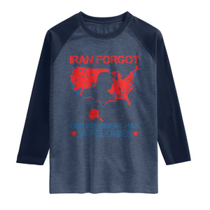 Iran Forgot Our President Has 34 Felonies Raglan Shirt Vintage USA Red Wave Map TS11 Heather Denim Navy Print Your Wear