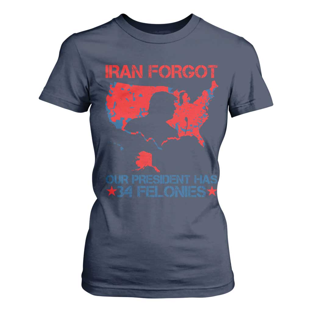 Iran Forgot Our President Has 34 Felonies T Shirt For Women Vintage USA Red Wave Map TS11 Navy Print Your Wear