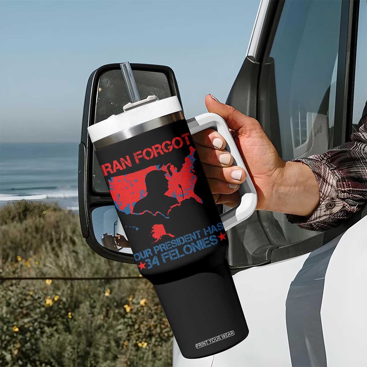 Iran Forgot Our President Has 34 Felonies Tumbler With Handle Vintage USA Red Wave Map TS11 Print Your Wear