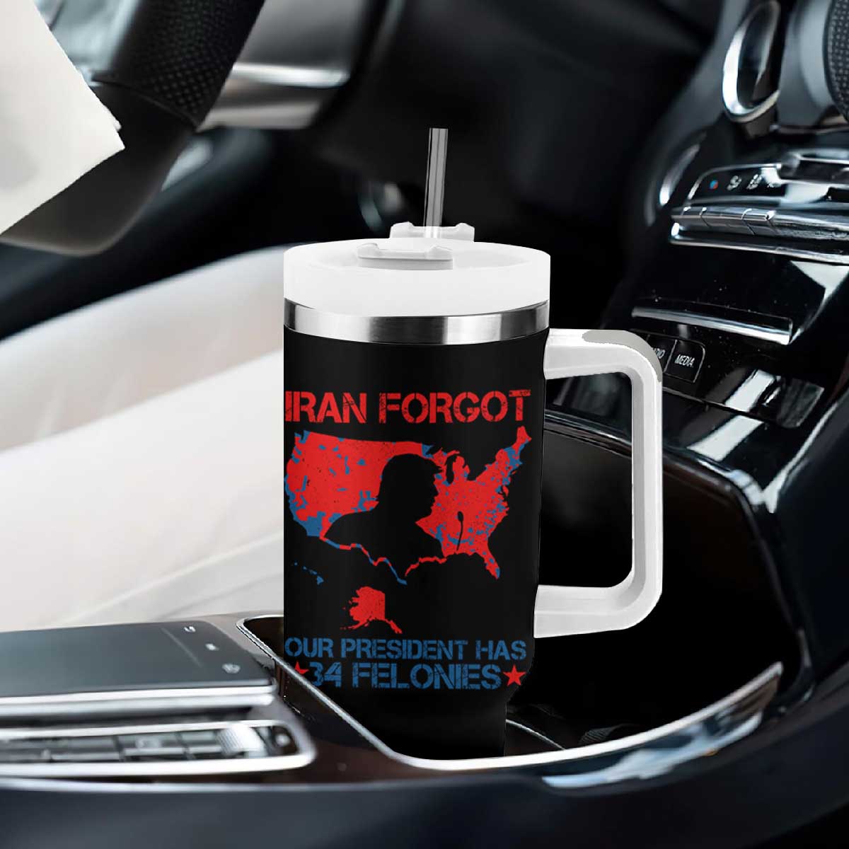 Iran Forgot Our President Has 34 Felonies Tumbler With Handle Vintage USA Red Wave Map TS11 Print Your Wear