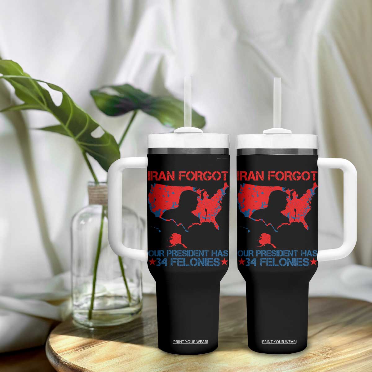 Iran Forgot Our President Has 34 Felonies Tumbler With Handle Vintage USA Red Wave Map TS11 Print Your Wear