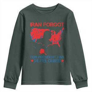 Iran Forgot Our President Has 34 Felonies Youth Sweatshirt Vintage USA Red Wave Map TS11 Dark Forest Green Print Your Wear