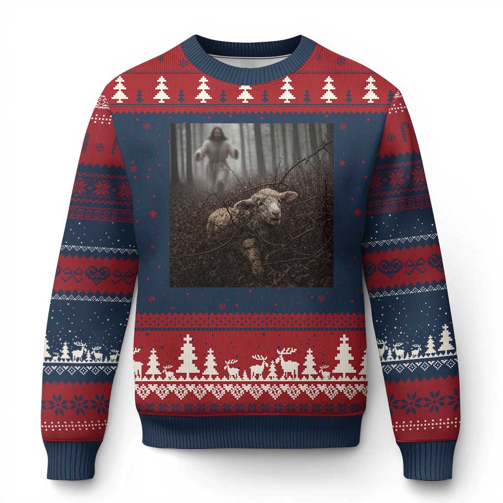 Christian Biblical Parable Of Lost Sheep Scene Ugly Christmas Sweater Funny Photo TS11 Navy Red Print Your Wear
