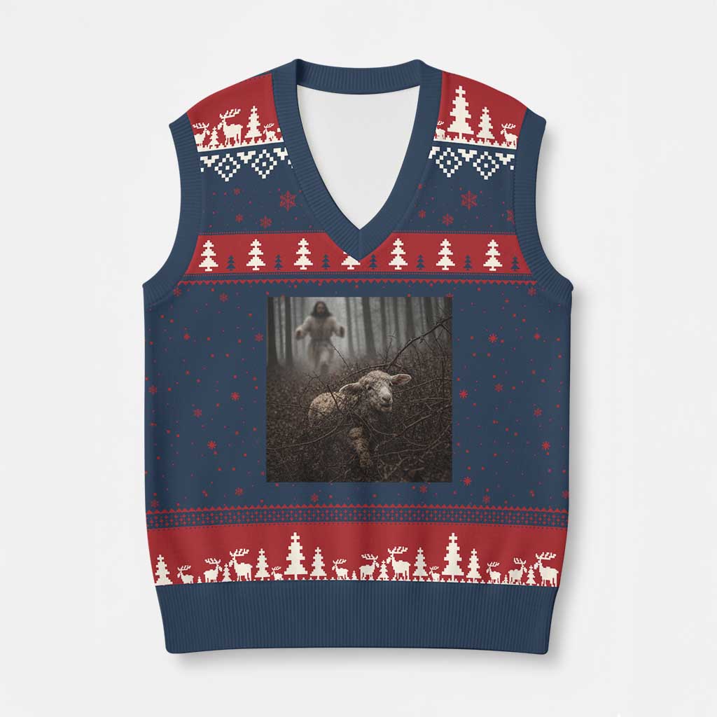 Christian Biblical Parable Of Lost Sheep Scene V-Neck Knit Sweater Vest Funny Photo TS11 Navy Red Print Your Wear