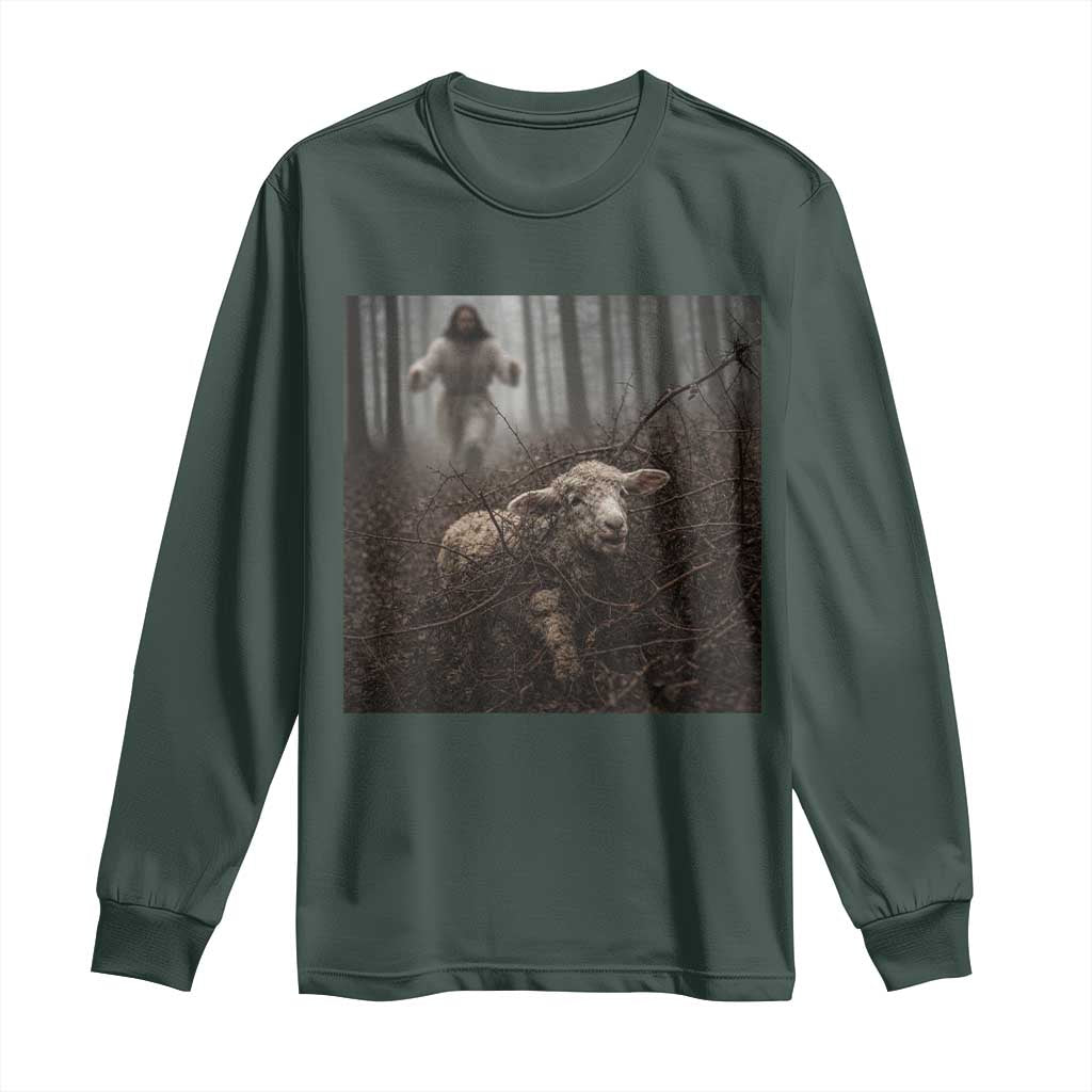 Christian Biblical Parable Of Lost Sheep Scene Long Sleeve Shirt Funny Photo TS11 Dark Forest Green Print Your Wear
